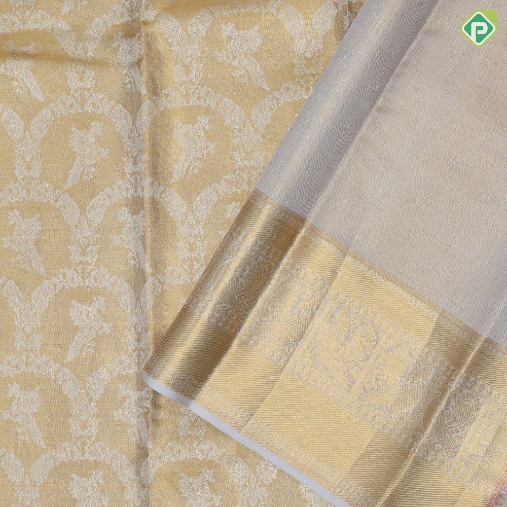 Gold base flying peacock grand wavy design creamy lavender Peacock Border bridal tissue Silk Saree