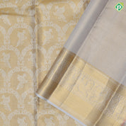 Gold base flying peacock grand wavy design creamy lavender Peacock Border bridal tissue Silk Saree
