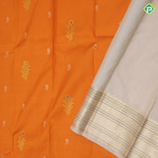 Fanta orange gold zari meena work flower bunch butta creamy sandal silver gold zari meena work border traditional silk saree