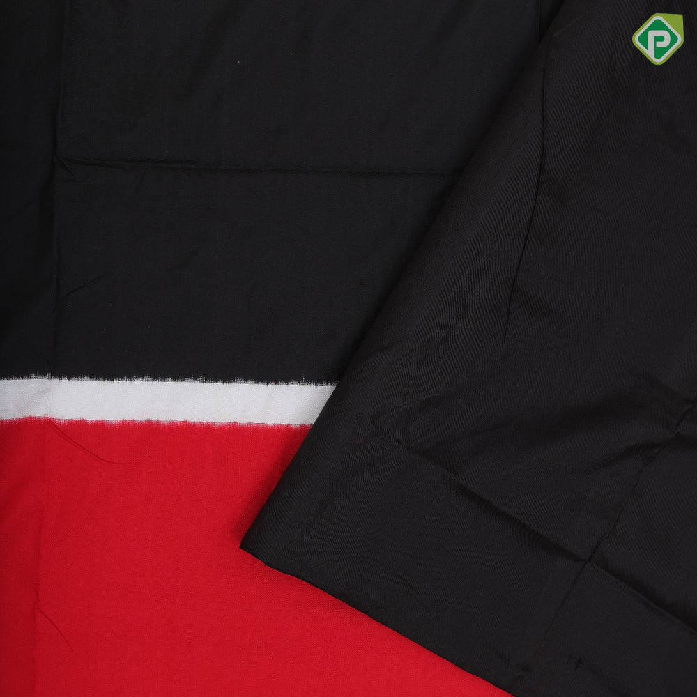 Tricolor three part body design white plain border black pallu concept ikkat design silk saree