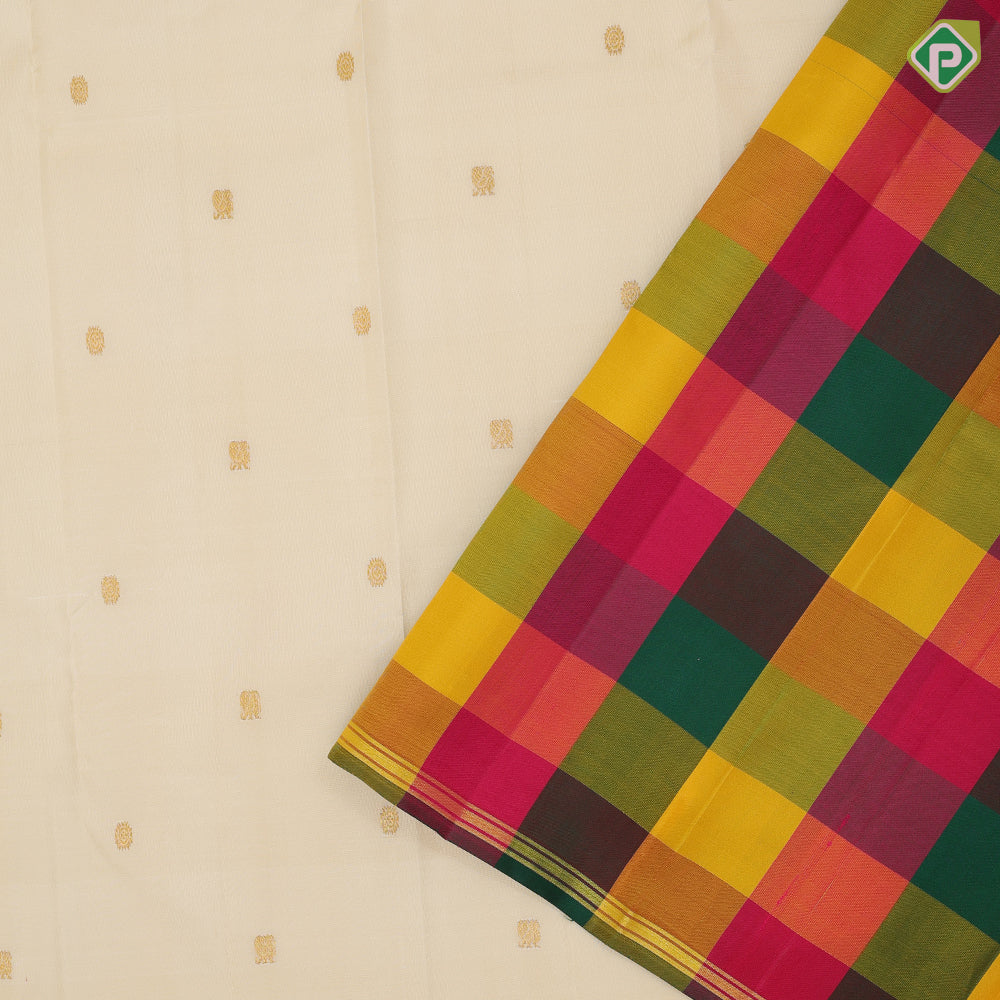Milk white gold zari Annam chakkaram butta motifs gold zari edge border paalum pazhamum traditional silk saree