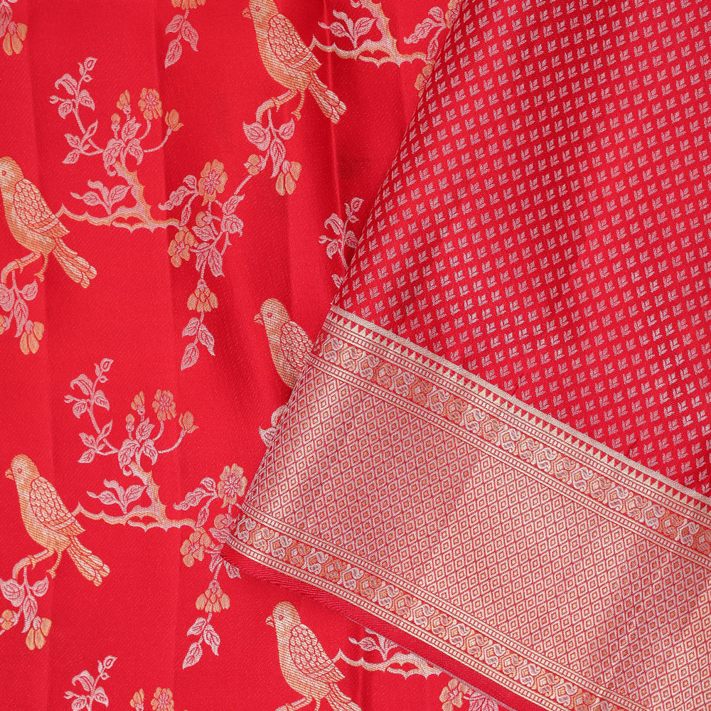 Chilly red silver gold zari sparrow on branch design self silver gold zari diamond border grand bridal tissue silk saree