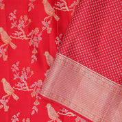 Chilly red silver gold zari sparrow on branch design self silver gold zari diamond border grand bridal tissue silk saree