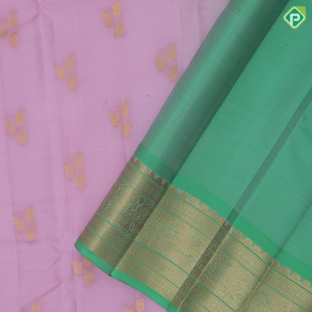 Baby Pink Gold Zari Small Peacock Butta Design Green Colour Peacock Elephant Floral Border Design Pure Mix Silk Saree
