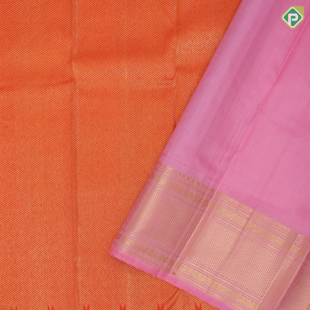 tomato red base gold zari by zari tissue weave temple design candy pink gold zari mayikan border fusion silk saree