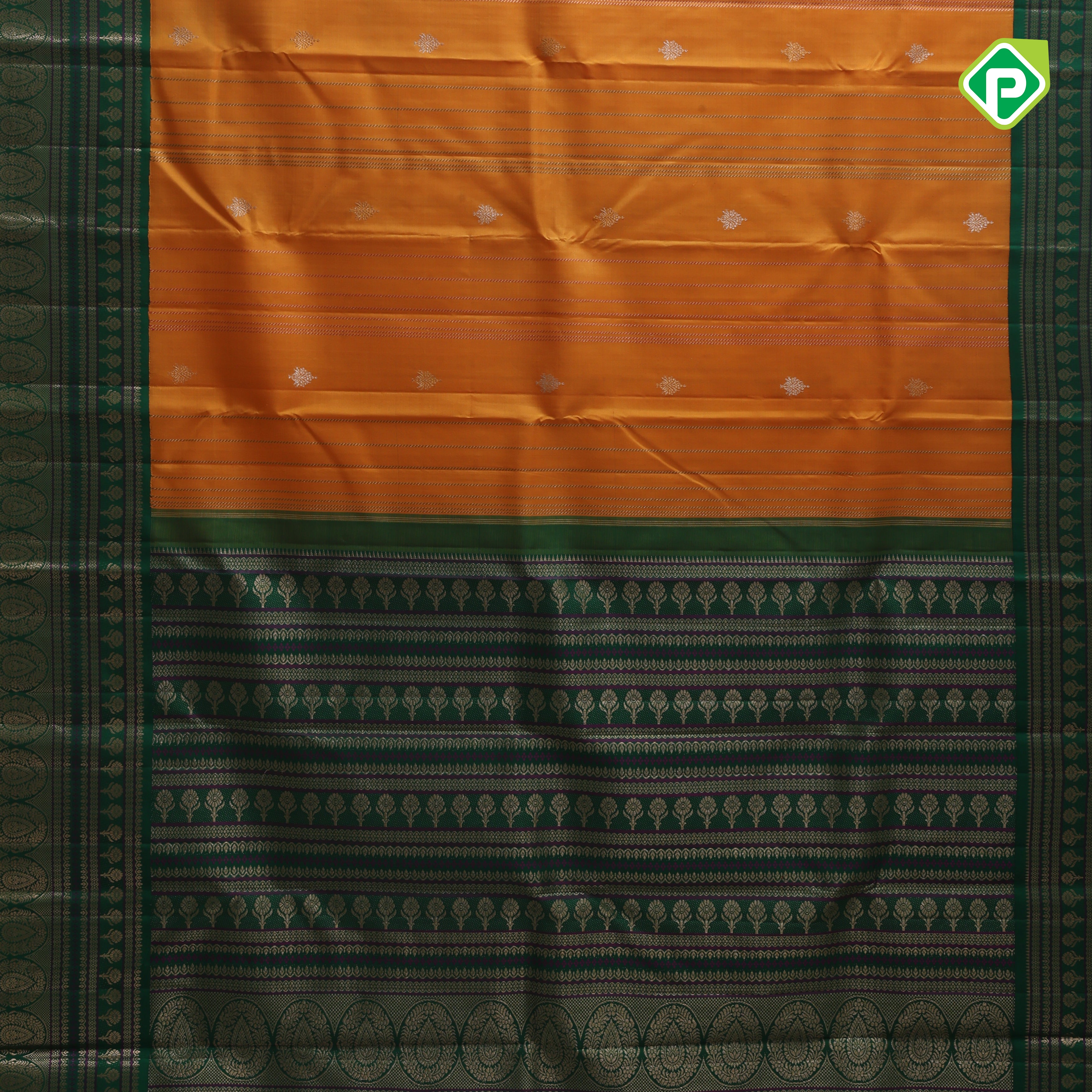 Mango yellow dull gold zari lines and butta design contrast green silver gold zari butta border traditional silk saree
