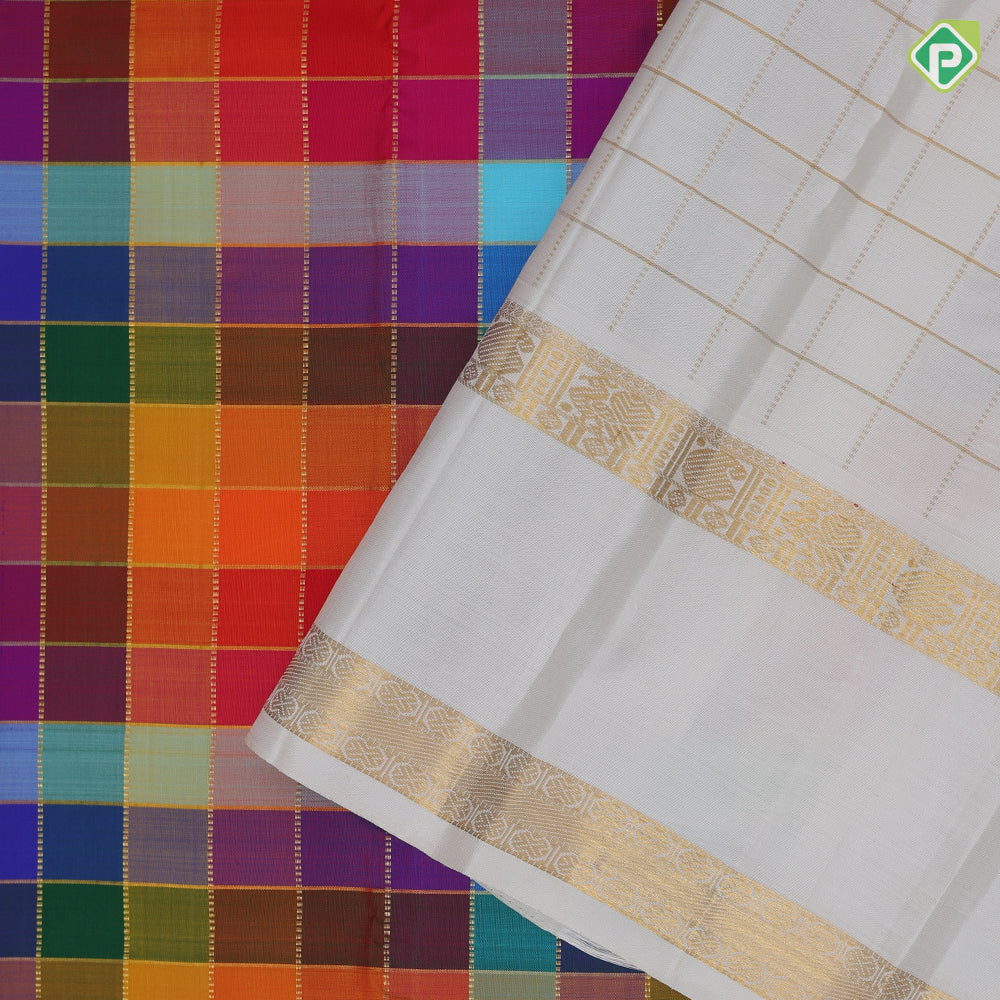 colorful multi color gold zari paalum pazhamum kattam design pure white gold zari retta pett border tradtional silk saree