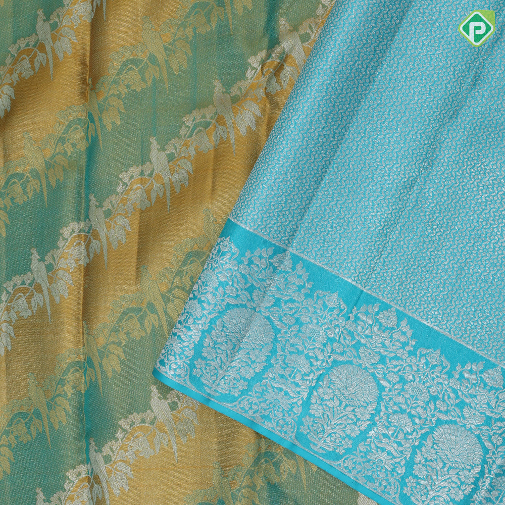 Golden yellow silver gold zari grand floral creeper and peacock design sea green silver gold zari floral border trendy rangkat silk saree