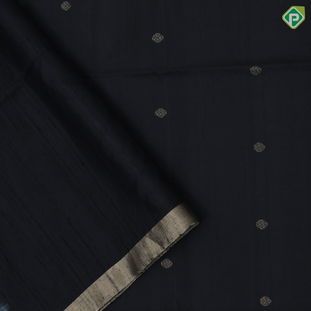 Black with gold zari small balls butta design self gold zari fancy border grand pallu soft silk saree