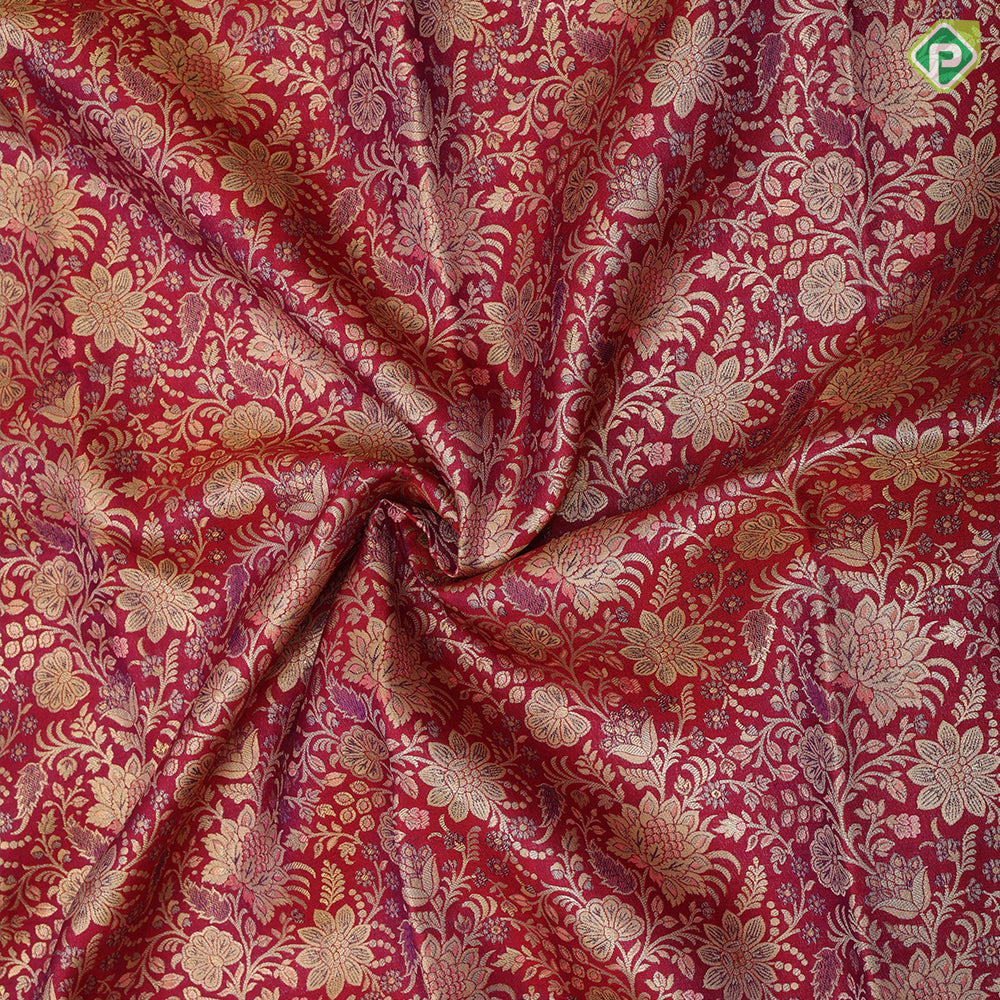 Magenta red gold zari grand floral design light pink gold zari meena work border pattu paavadai lehanka