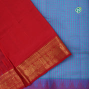 blue base Multi color checked grand pallu red gold zari koorvai temple border silk cotton saree