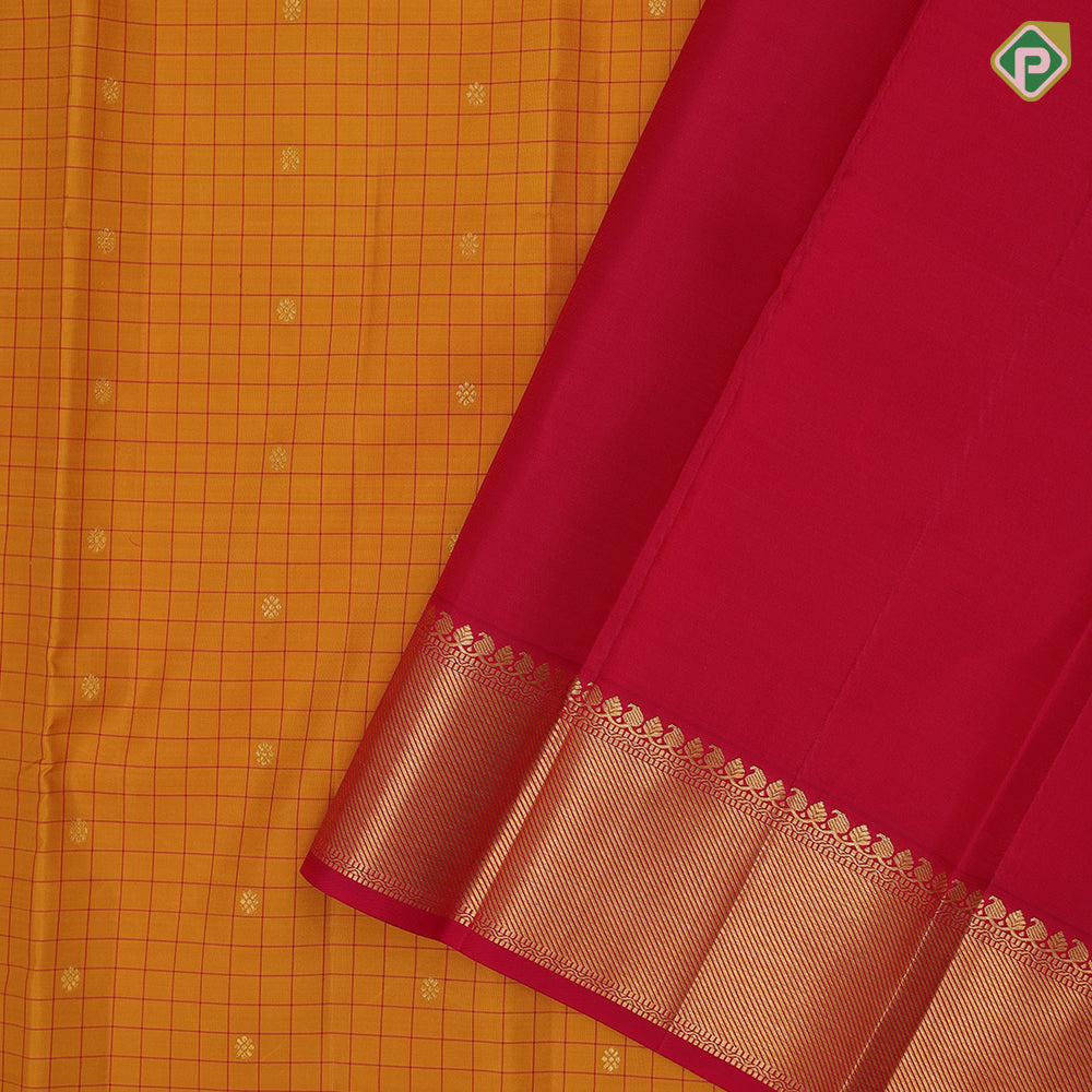 Mustard yellow silk checks star butta motifs design rani pink gold zari border traditional silk saree