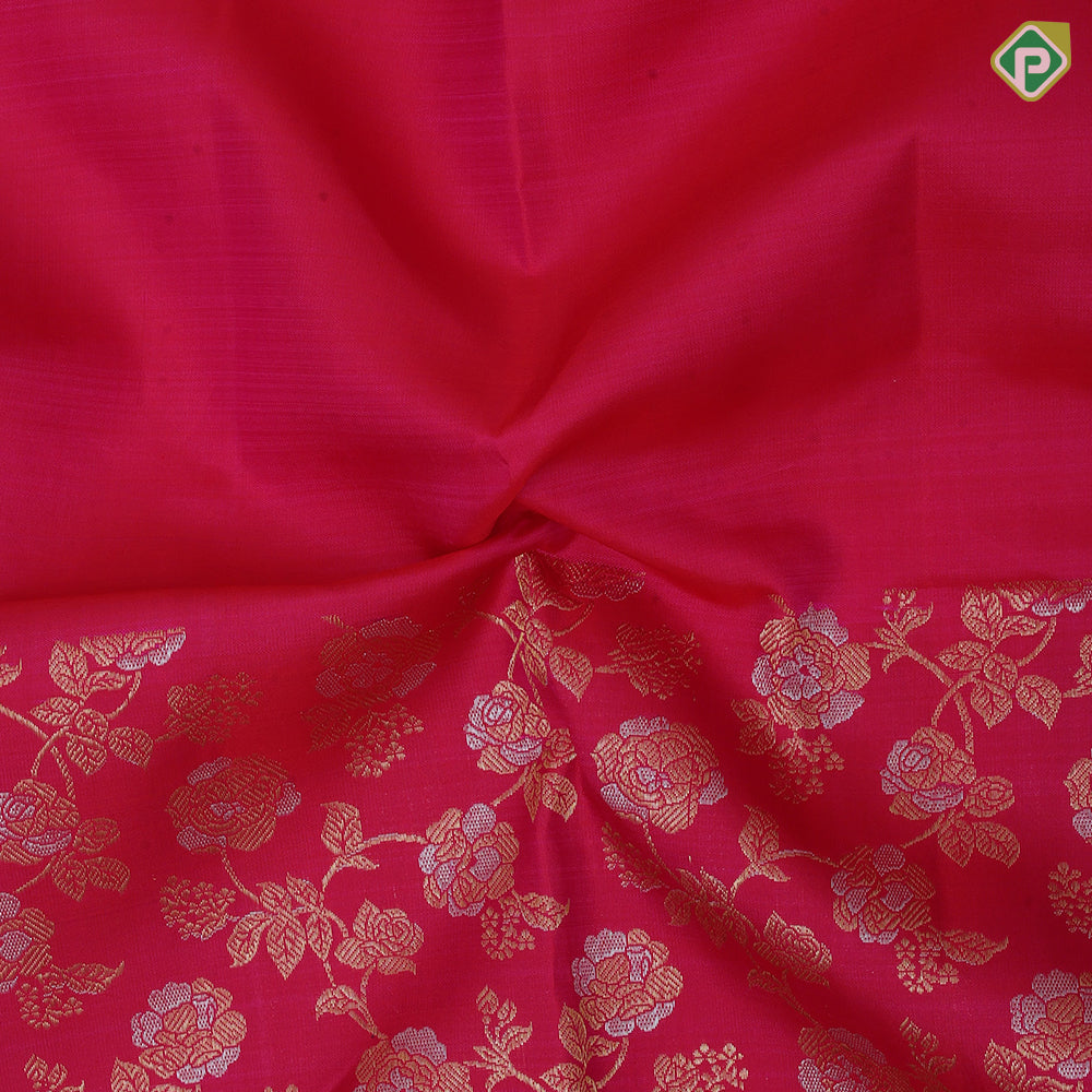 Rani Pink Gold Silver Zari Floral Design Half and Half Border Less Trendy Dsigner Silk Saree