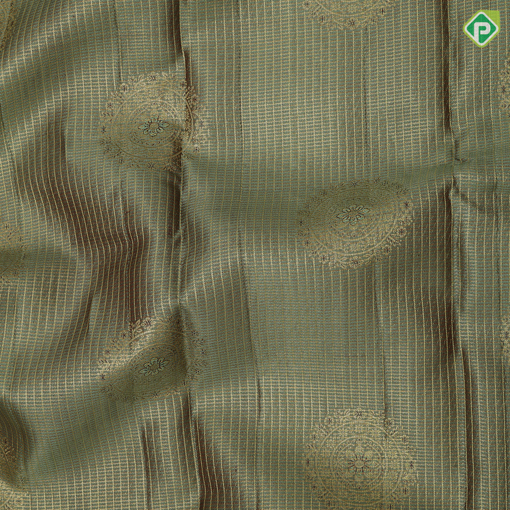 Mint green gold zari kattam checked round butta self thamayanthi stading posture art effect painting signature silk saree