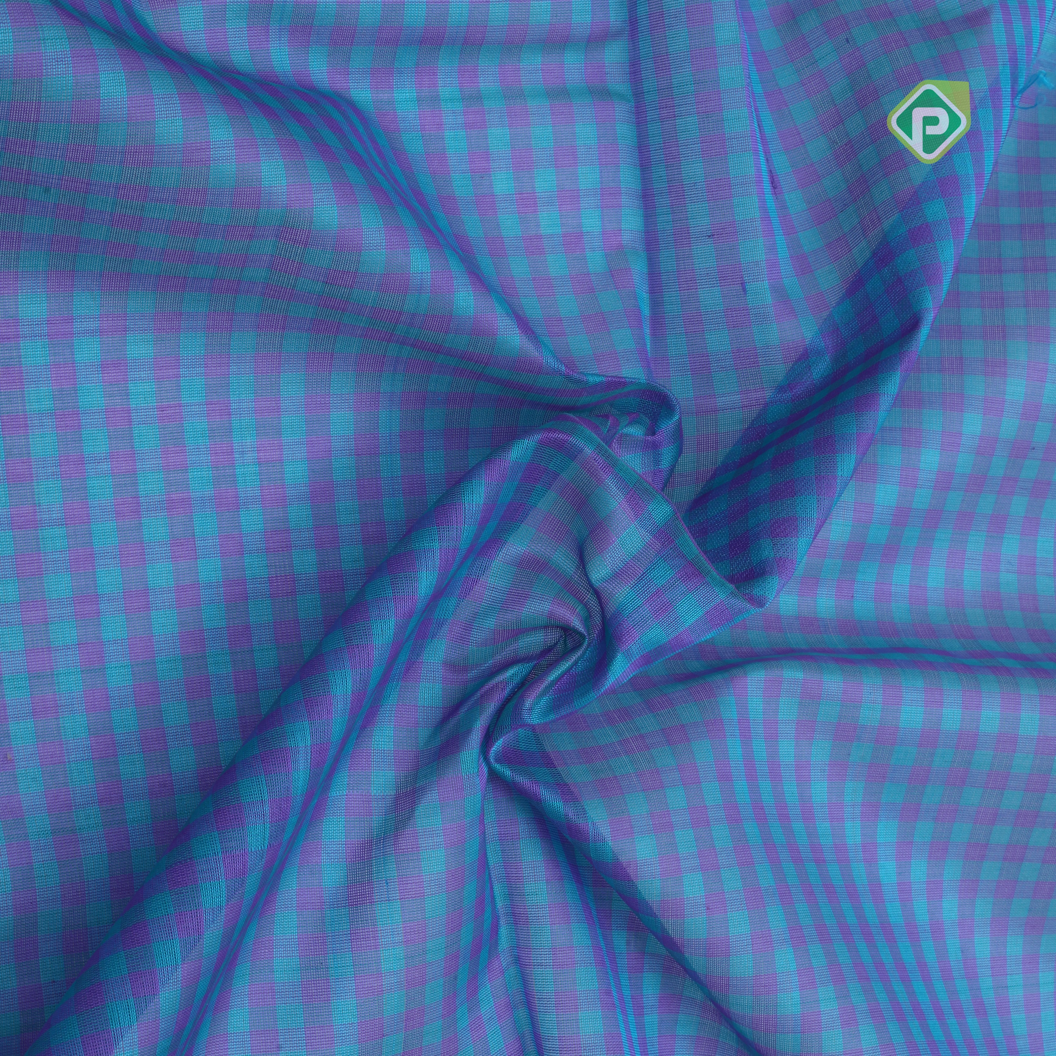 blue base Multi color checked grand pallu red gold zari koorvai temple border silk cotton saree