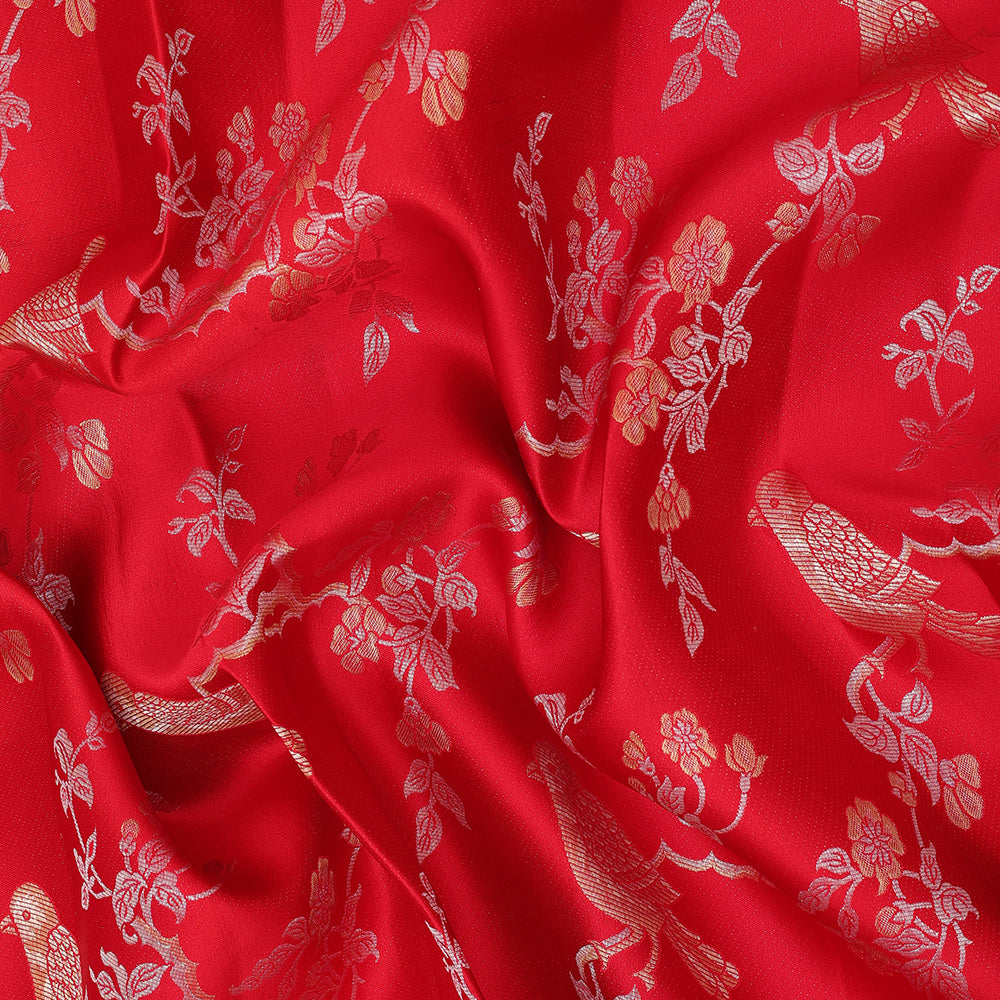 Chilly red silver gold zari sparrow on branch design self silver gold zari diamond border grand bridal tissue silk saree