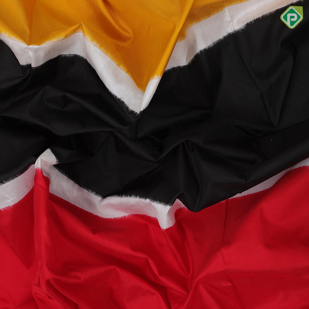Tricolor three part body design white plain border black pallu concept ikkat design silk saree