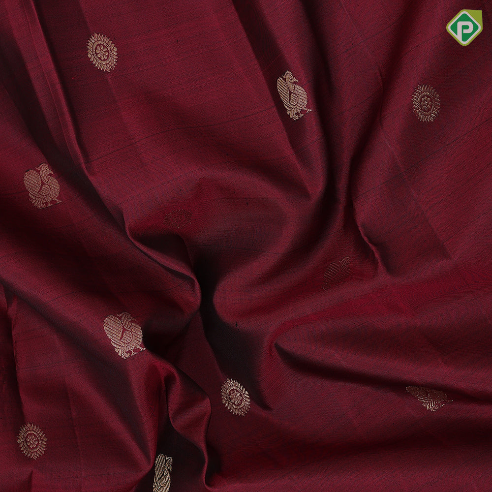 maroon gold zari chakkaram peacock butta self paalum pazhamum kattam border vintage silk saree