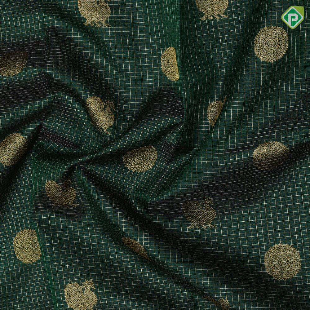 Bottle green gold zari peacock chakkaram butta self gold zari peacock mango butta border traditional silk saree