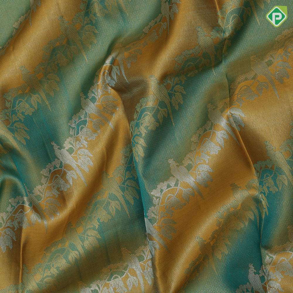 Golden yellow silver gold zari grand floral creeper and peacock design sea green silver gold zari floral border trendy rangkat silk saree