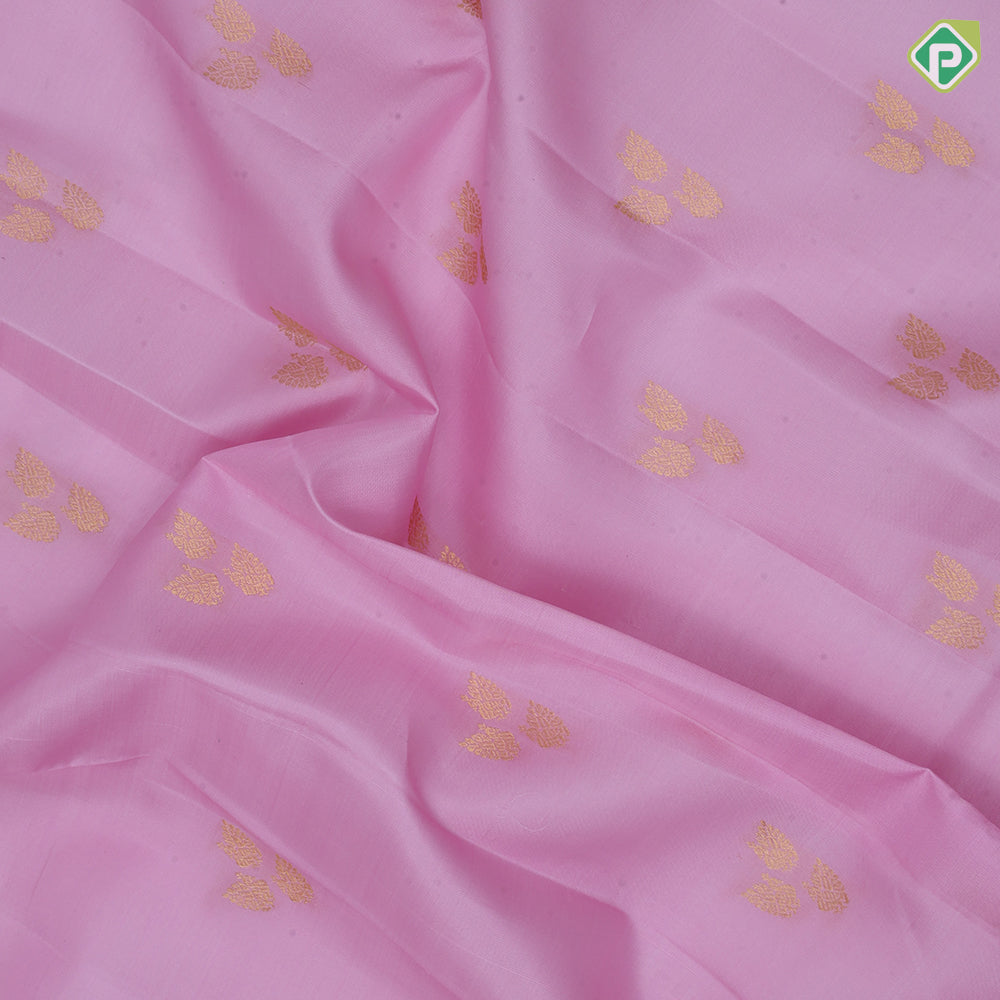 Baby Pink Gold Zari Small Peacock Butta Design Green Colour Peacock Elephant Floral Border Design Pure Mix Silk Saree
