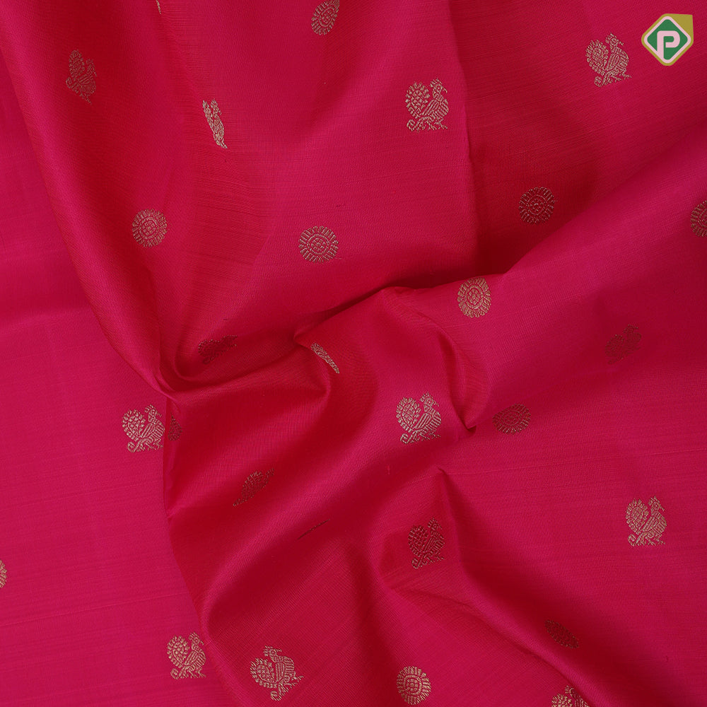 Dark pink gold zari Annam Chakkaram butta motifs design borderless contemporary vintage silk saree