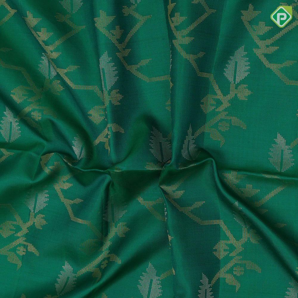 Forest green silver gold zari geometrical design self gold zari silver zari lines border soft silk saree