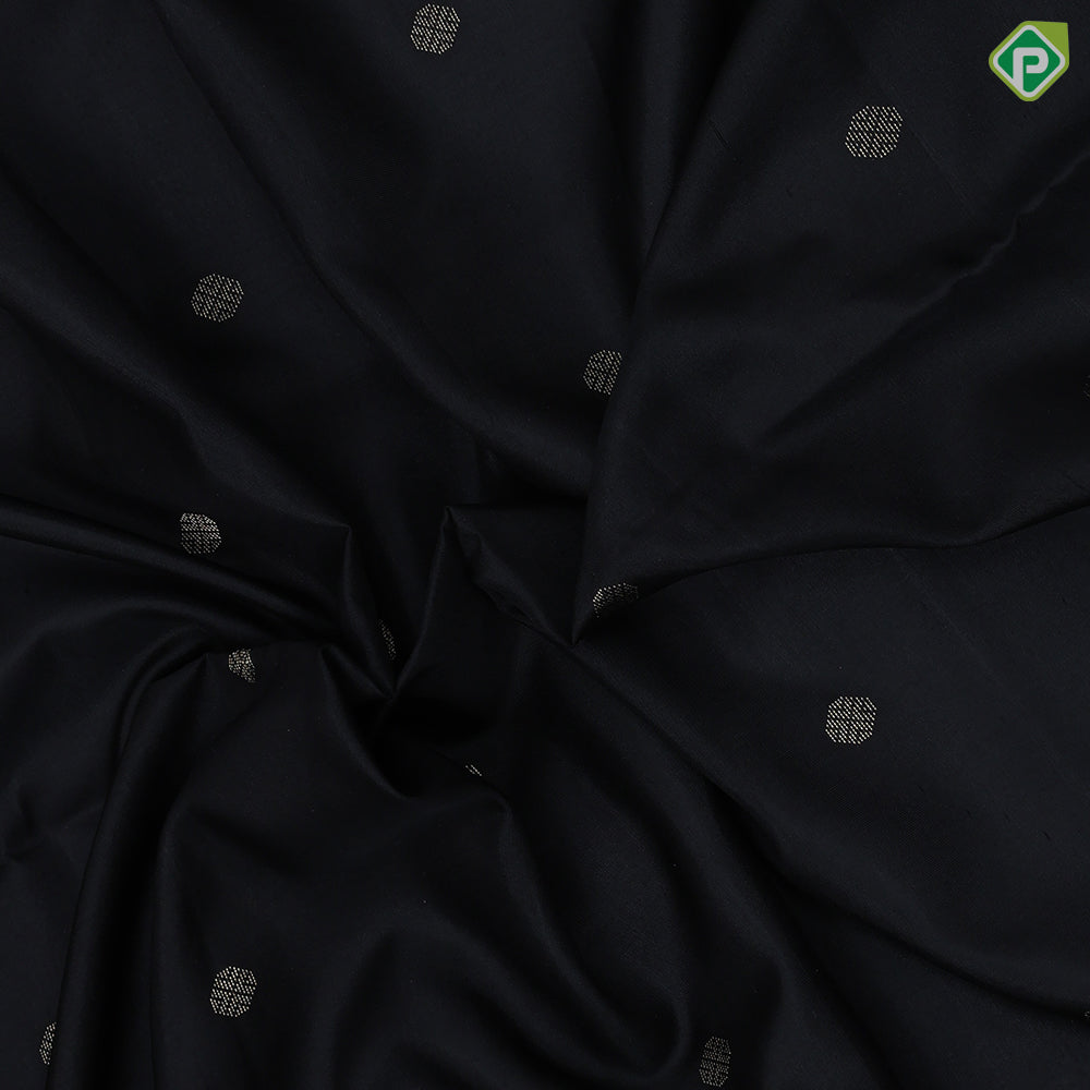 Black with gold zari small balls butta design self gold zari fancy border grand pallu soft silk saree