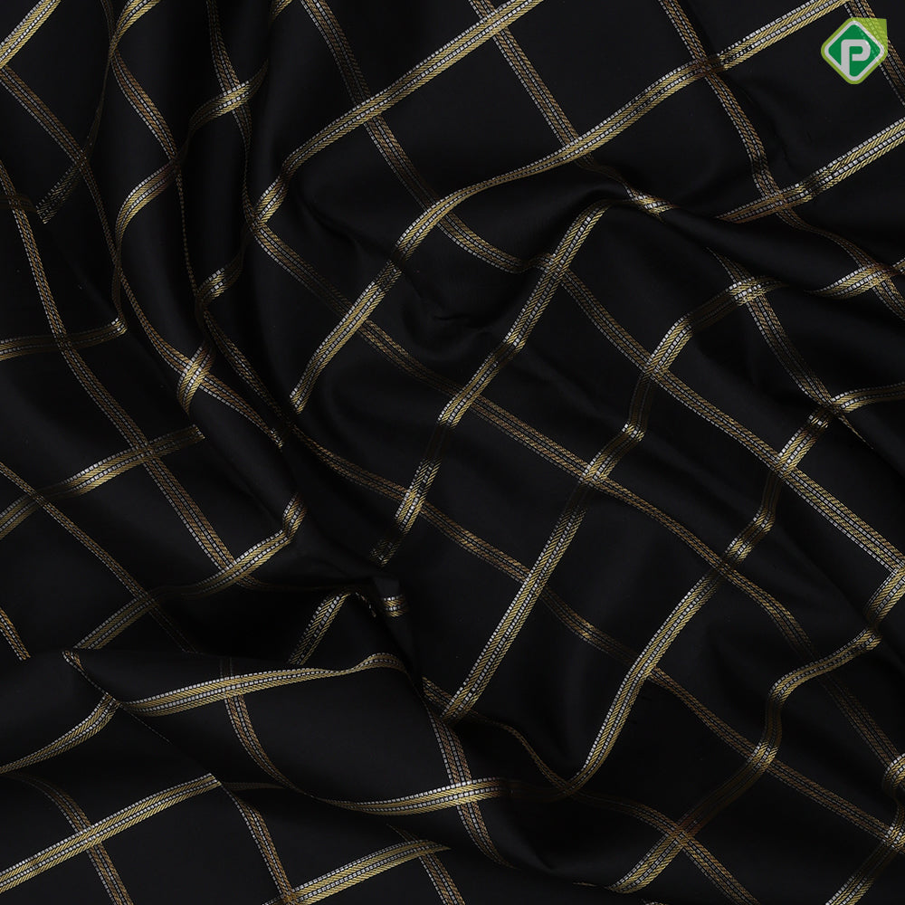 Black Gold Silver Zari Big Checks Edge Magenta Pink Colour Border Design Luxury Black Silk Saree