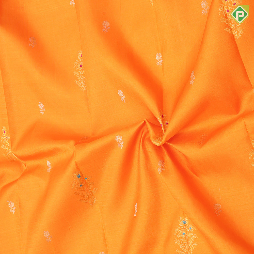 Fanta orange gold zari meena work flower bunch butta creamy sandal silver gold zari meena work border traditional silk saree