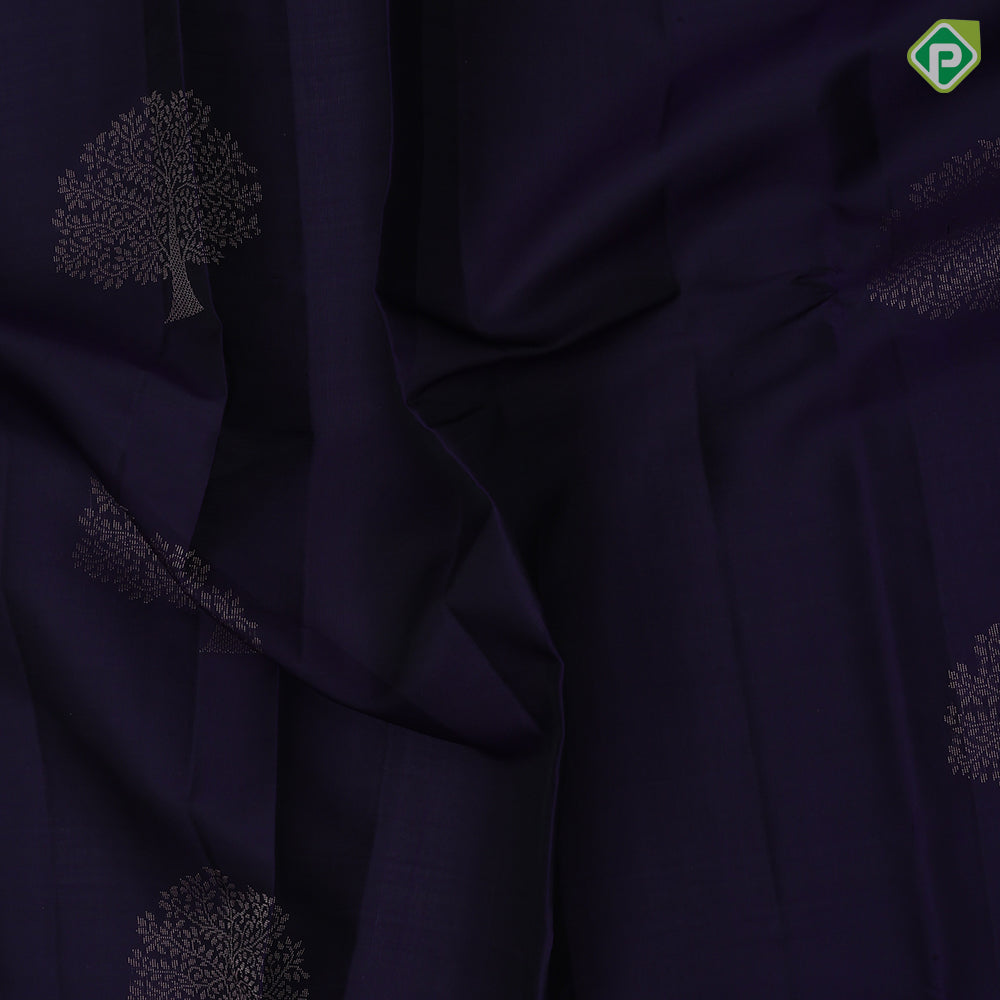 Indigo blue gold zari tree butta grey plain tree butta border trendy designer pure mix silk saree