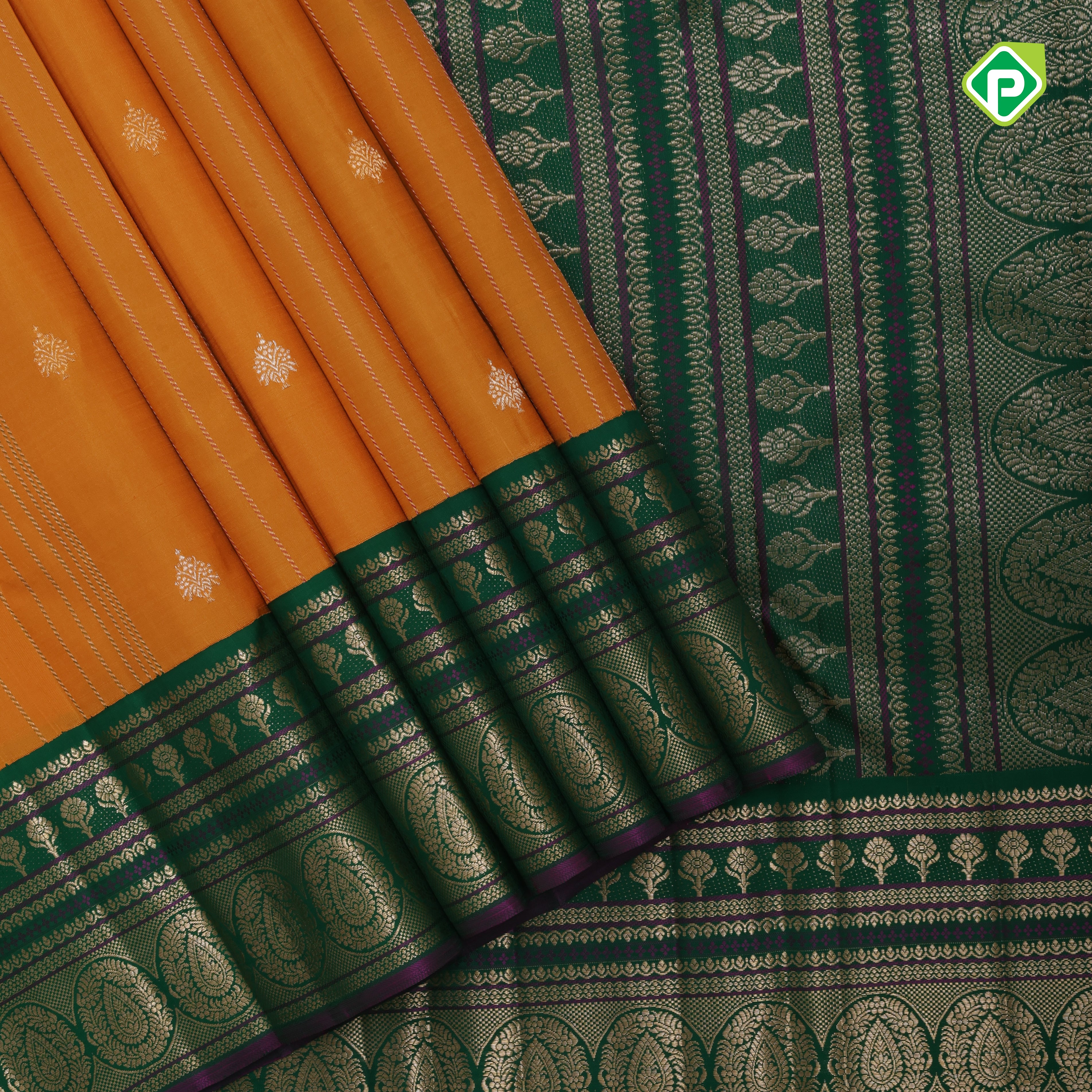 Mango yellow dull gold zari lines and butta design contrast green silver gold zari butta border traditional silk saree