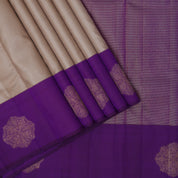creamy corn silver zari by zari micro checks weaved design purple gold zari self design round butta border trendy designer silk saree