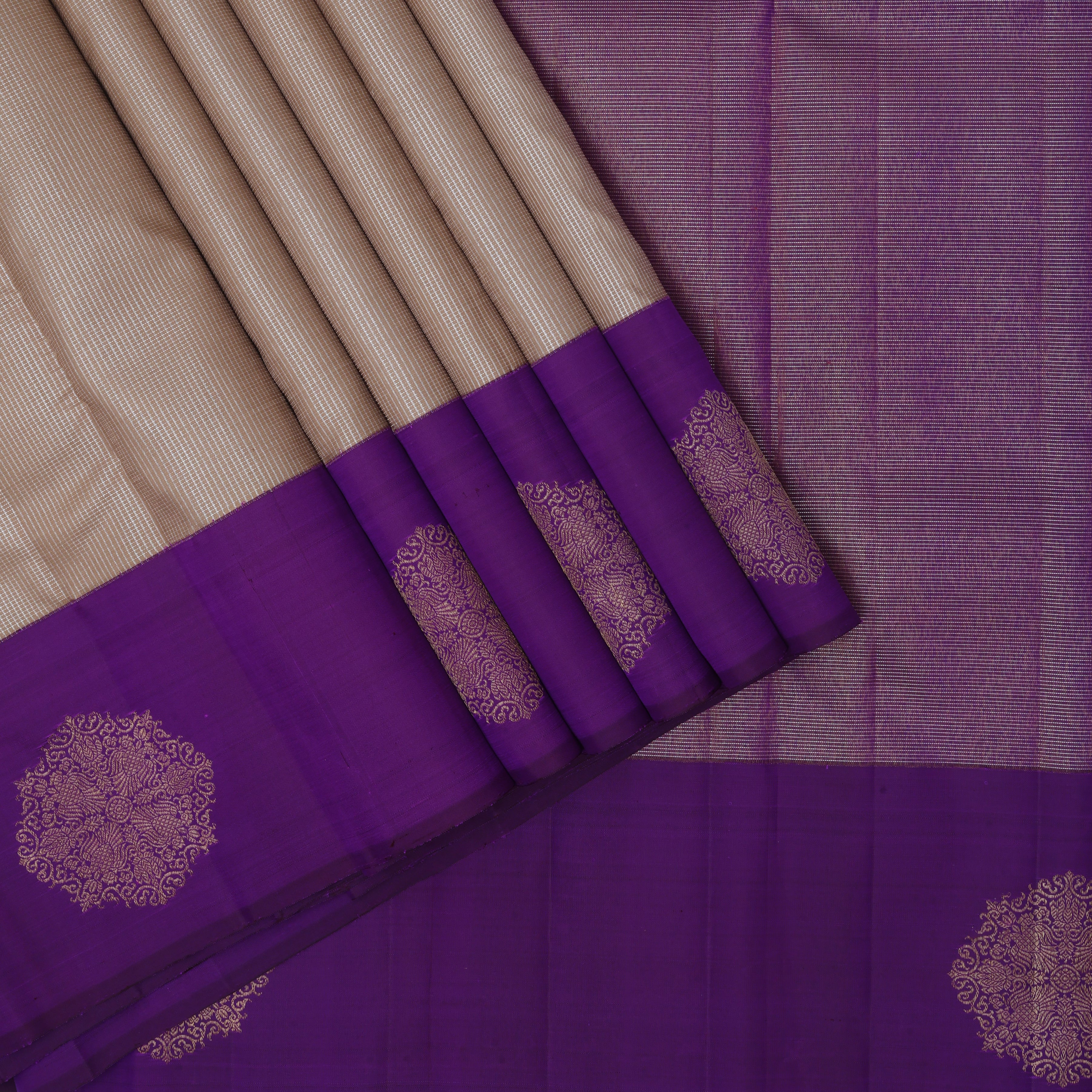 creamy corn silver zari by zari micro checks weaved design purple gold zari self design round butta border trendy designer silk saree