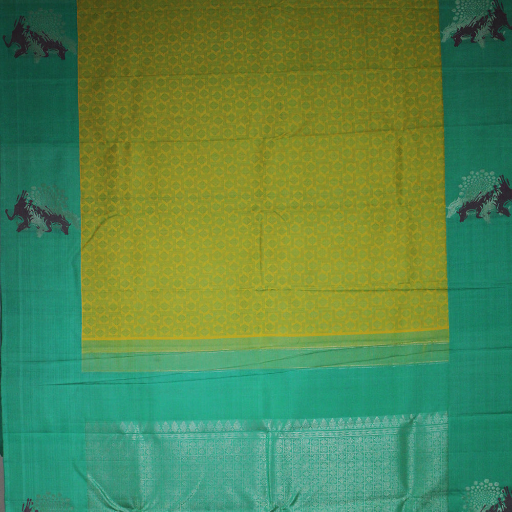 Lemon Yellow With Rexona Green Two Horse Fancy Design Border Pure Trendy Design Silk Saree