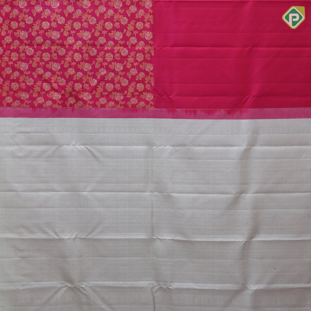 Rani Pink Gold Silver Zari Floral Design Half and Half Border Less Trendy Dsigner Silk Saree