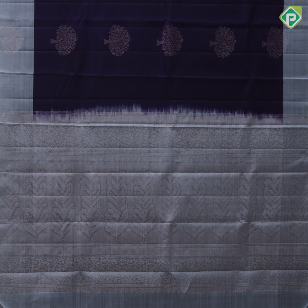 Indigo blue gold zari tree butta grey plain tree butta border trendy designer pure mix silk saree