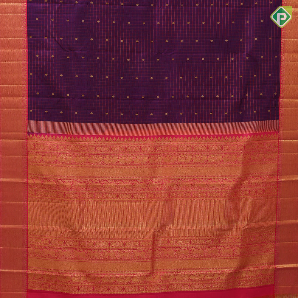 Purple rani pink pattu kattam rudraksham butta motifs rani pink gold zari banaras border traditional silk saree