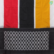 Tricolor three part body design white plain border black pallu concept ikkat design silk saree