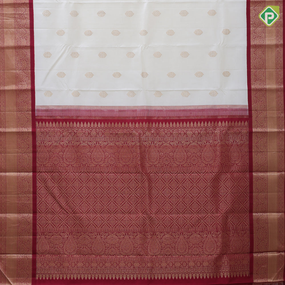 Milk white gold zari over round butta design maroon with gold zari thilagam design border traditional retro silk saree