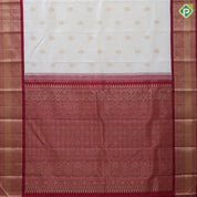 Milk white gold zari over round butta design maroon with gold zari thilagam design border traditional retro silk saree