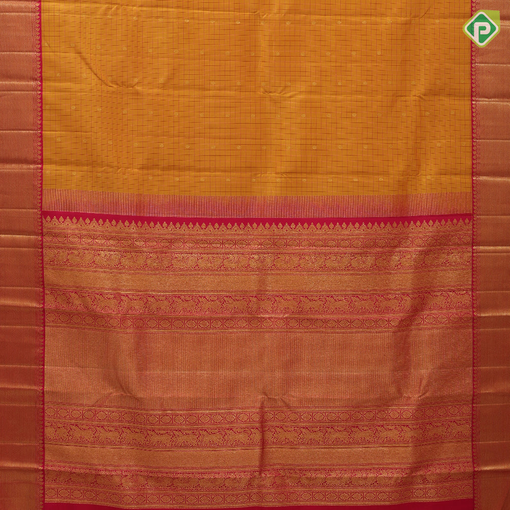 Mustard yellow silk checks star butta motifs design rani pink gold zari border traditional silk saree