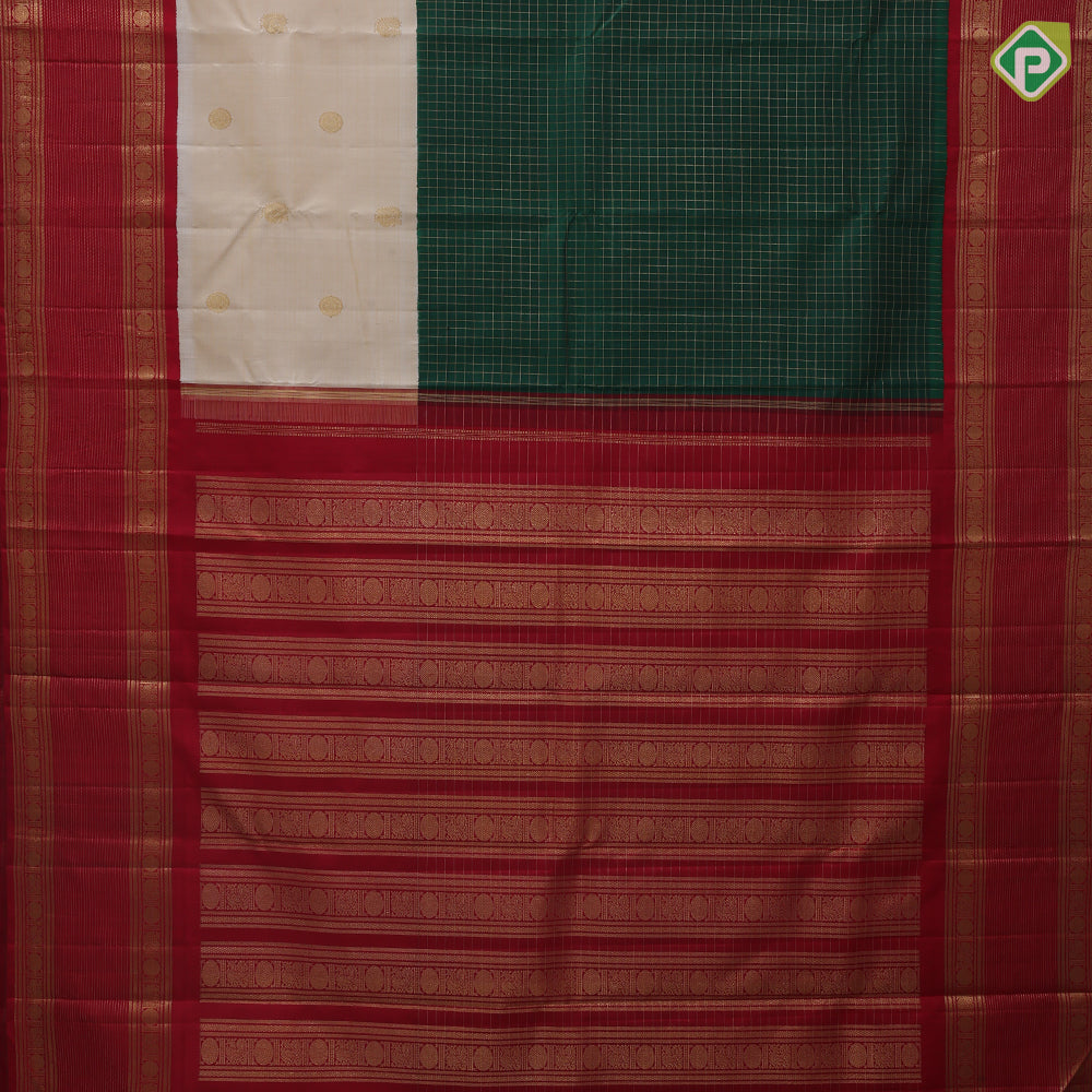 Sandal Wood Gold Zari Chakaram Peacock Bottle Green Checks Design Chilly Red Ruthracham Peacock Border Design Traditional Silk Saree