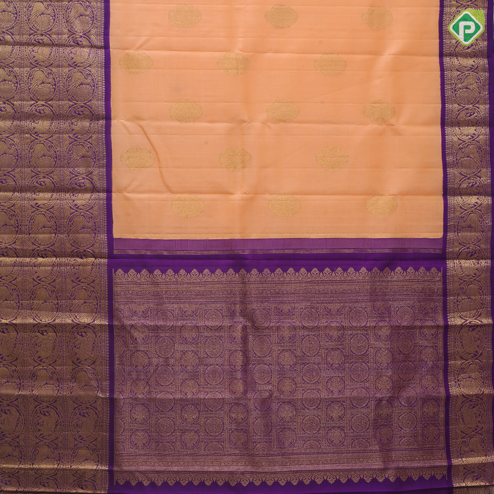 Peach Gold Zari Butta Design Violet Peacock Ruthracham Border Design Traditional Silk Saree