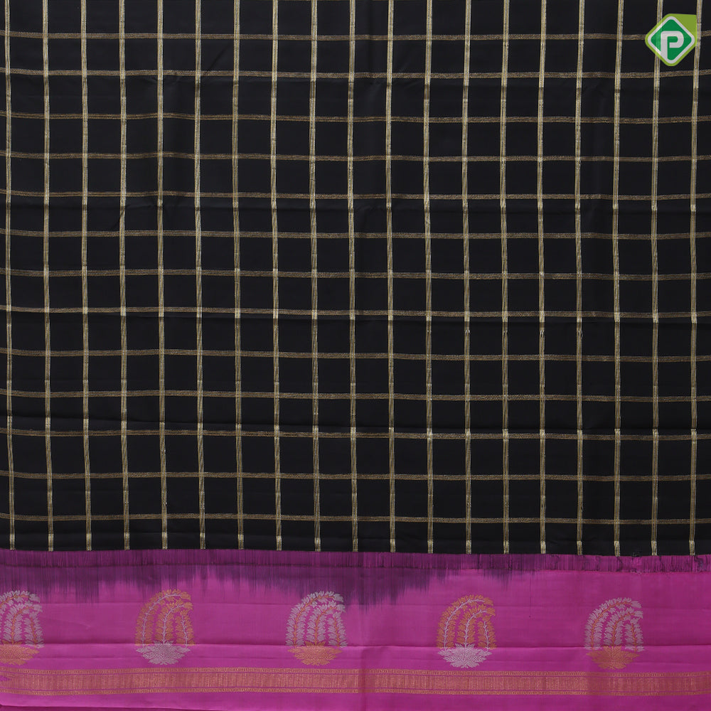 Black Gold Silver Zari Big Checks Edge Magenta Pink Colour Border Design Luxury Black Silk Saree