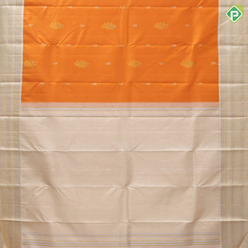 Fanta orange gold zari meena work flower bunch butta creamy sandal silver gold zari meena work border traditional silk saree