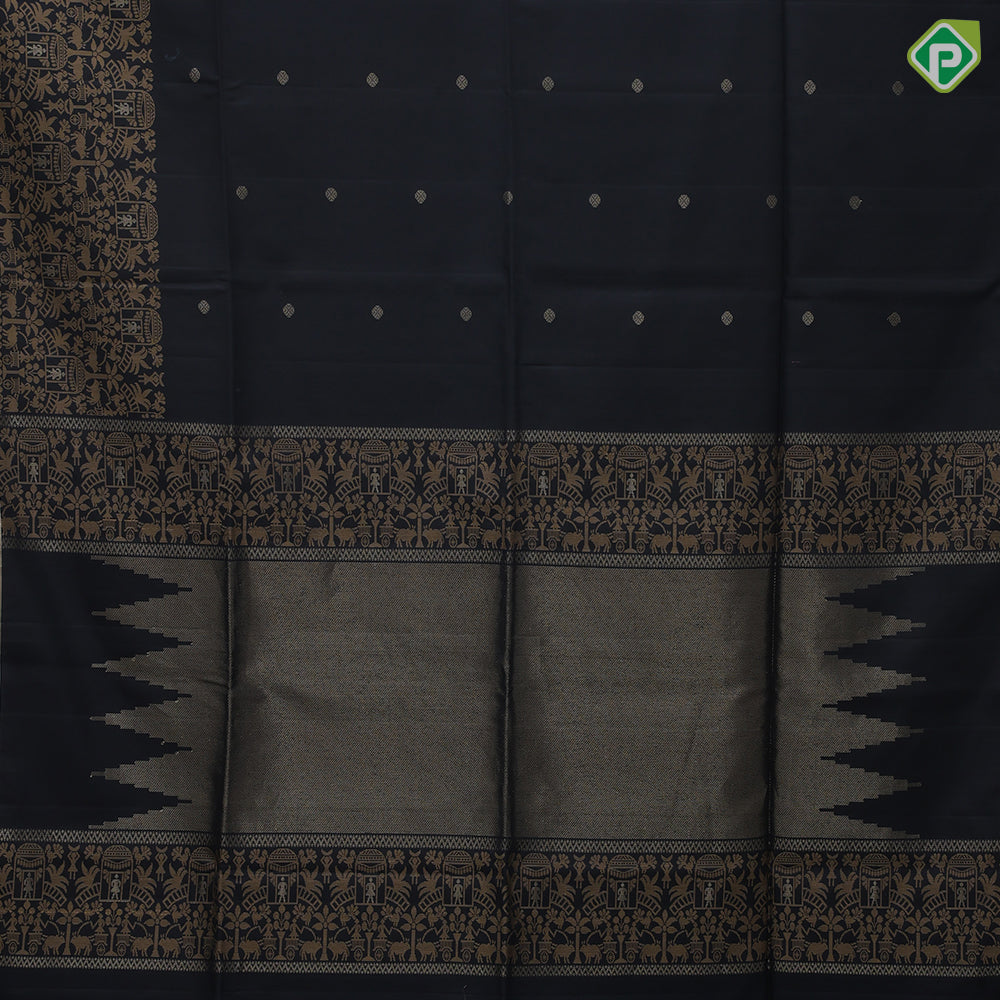 Black with gold zari small balls butta design self gold zari fancy border grand pallu soft silk saree