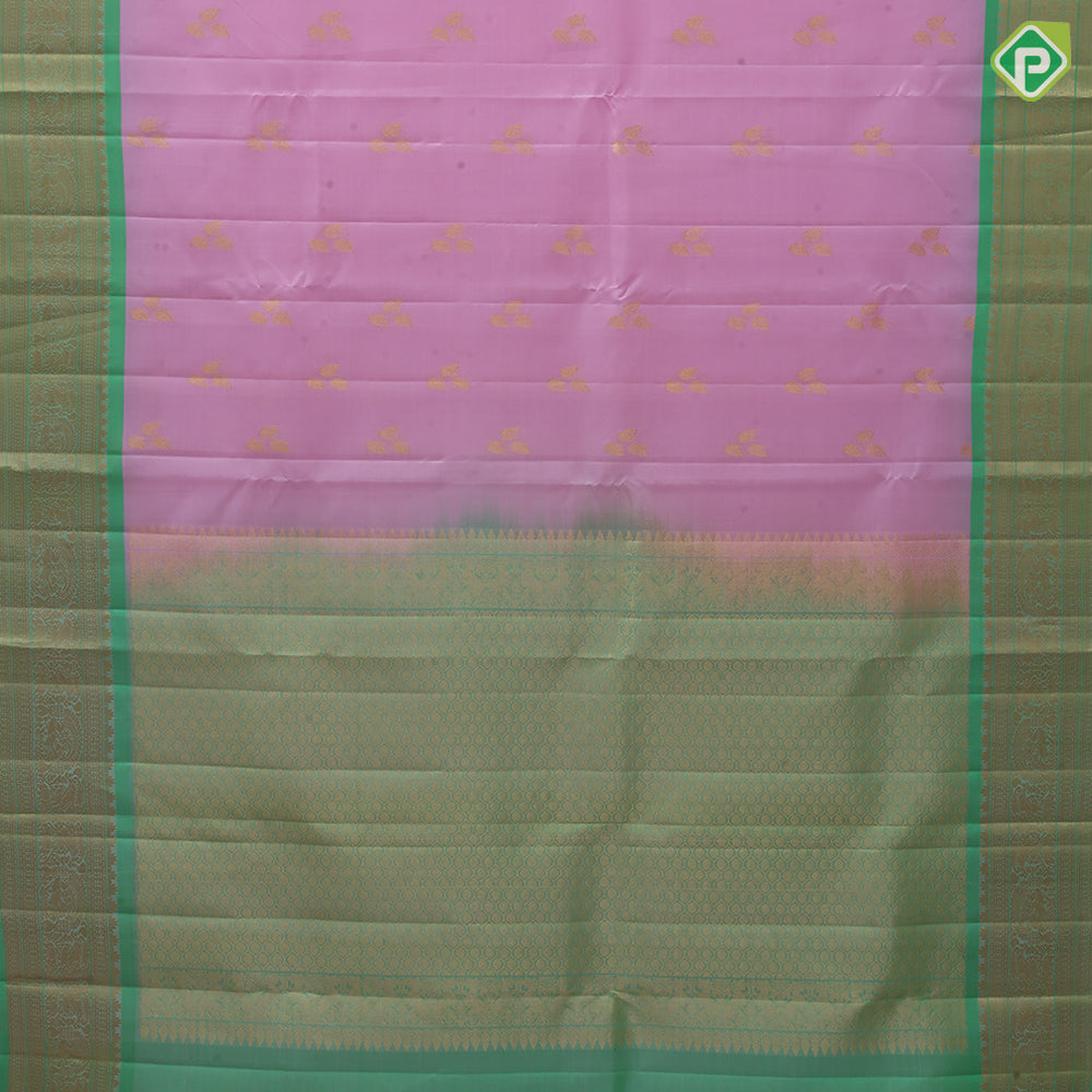 Baby Pink Gold Zari Small Peacock Butta Design Green Colour Peacock Elephant Floral Border Design Pure Mix Silk Saree