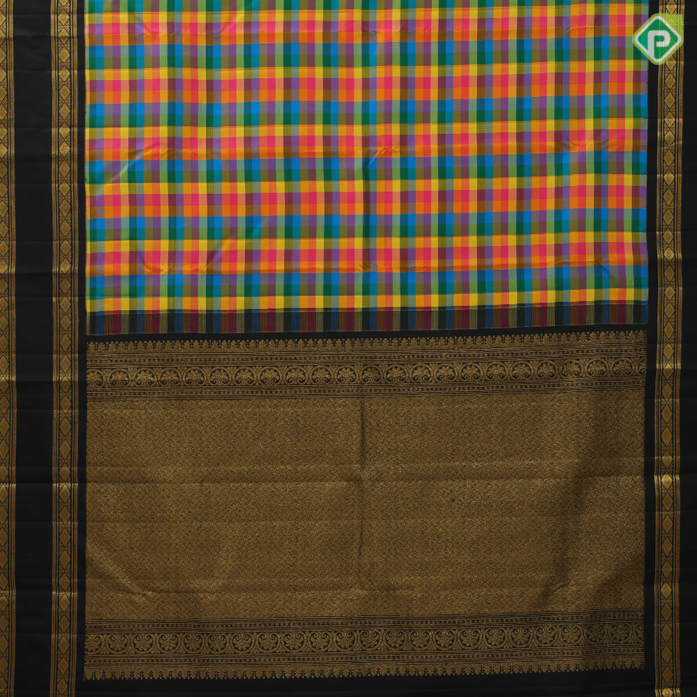 Multi color checks paalum pazhamum kattam luxury black gold zari retta pett border traditional silk saree