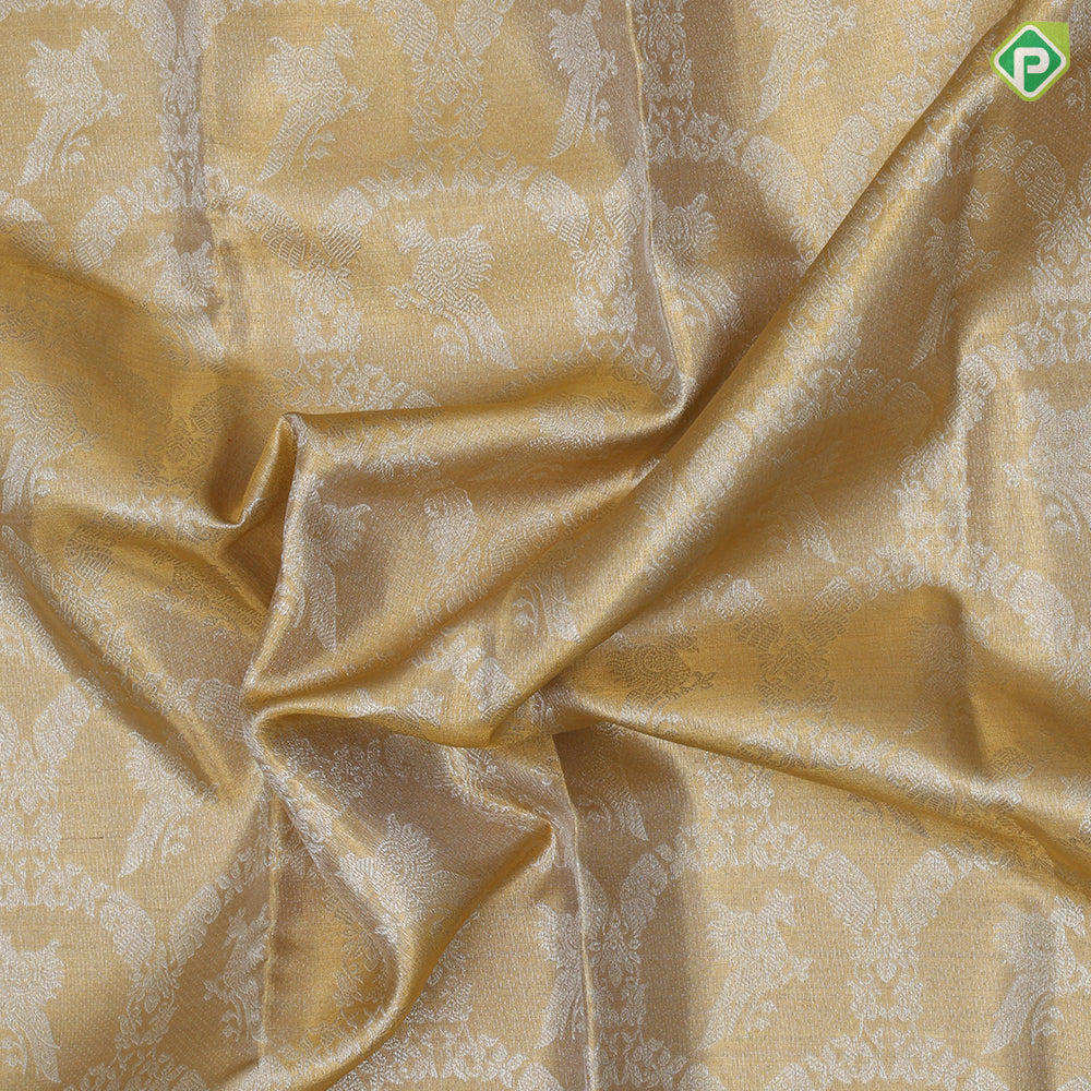 Gold base flying peacock grand wavy design creamy lavender Peacock Border bridal tissue Silk Saree